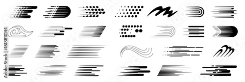 Speed lines, motion effect and wind graphic design elements set. Black and white vector illustration collection of fast speed, swoosh, whoosh and burst symbols. Comic book effect, radial and halftone 