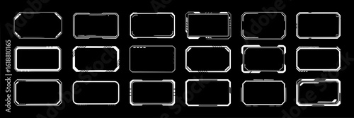 Sci-Fi HUD rectangular frame collection. Futuristic vector borders, white lines, tech elements on black background. Modern digital interface screen frames. Game UI design element set.