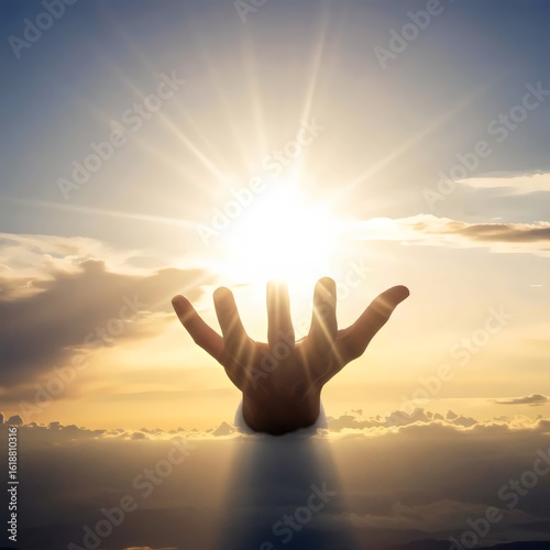 spiritual guidance illustration of divine hand touching earth with soft light rays 