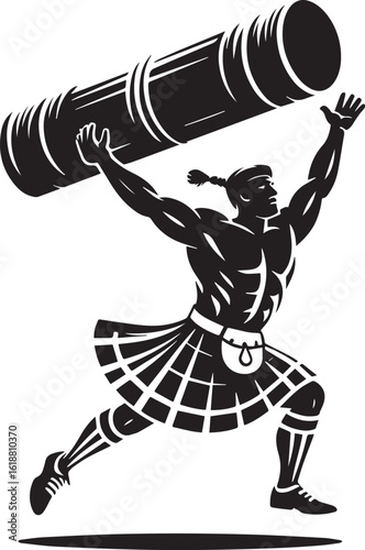 Muscular man lifting heavy log wearing kilt vector