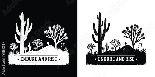 Endure and rise text with desert landscape and cacti