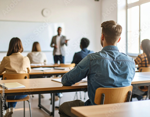 A university student sitting attentively in a classroom with other students, listening to the professor during a lecture. A whiteboard in the background and natural daylight filling the room.