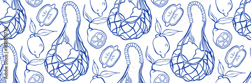 Vector lemon pattern with net bag, doodle outline blue summer background for fabric. Ideal for print, textile, branding. Outline vector illustration with playful summer feel.