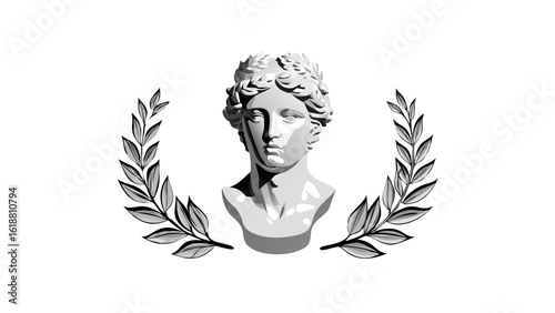Classic greek marble bust of a man wearing a laurel wreath surrounded by olive branches on a black background