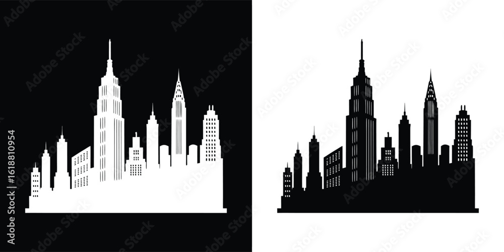 Fototapeta premium A silhouette of a classic city skyline featuring art deco skyscrapers against a contrasting background