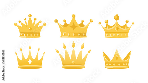 Collection of six golden royal crowns with different designs on a black background symbolizing power and royalty