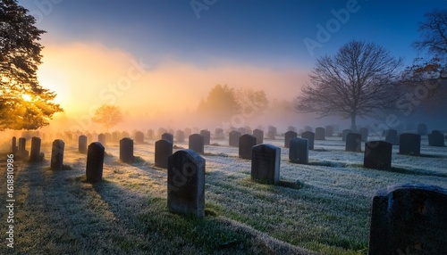 fog covered cemetery at dawn with barely visible gravestones