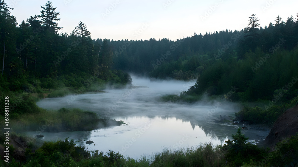 Fototapeta premium Misty Pond in a Dense Forest at Dawn
