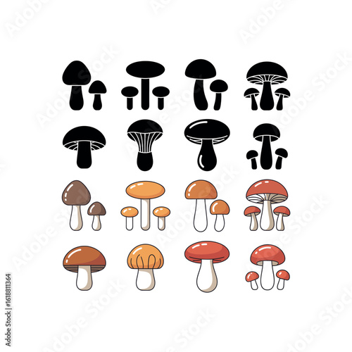 Collection of stylized mushroom icons in black and color fungi food