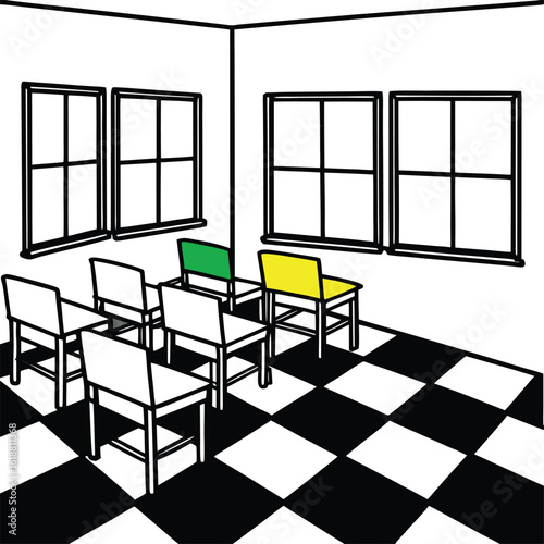 classroom with colorful floor tiles chairs and desks