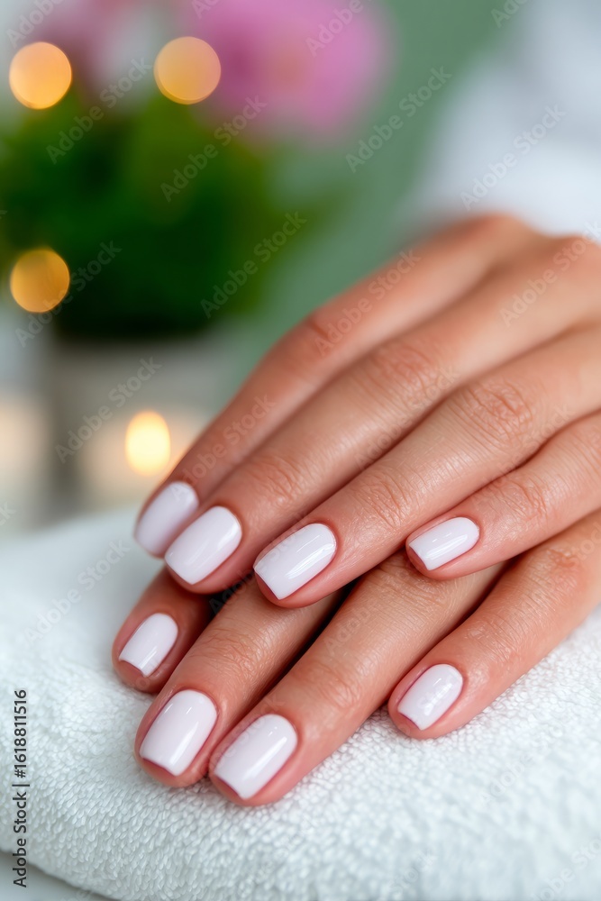 Fototapeta premium Close-up of elegant female hands with pastel pink and white manicure, minimal style, clean vertical beauty shot with space for text