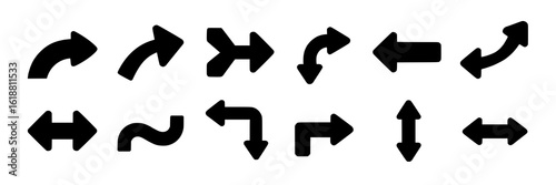 Vector collection of black arrow icons. Set of different directional arrows, curved, straight, double, and right angle arrows. Monochrome arrow symbols for design elements, navigation, infographics, a