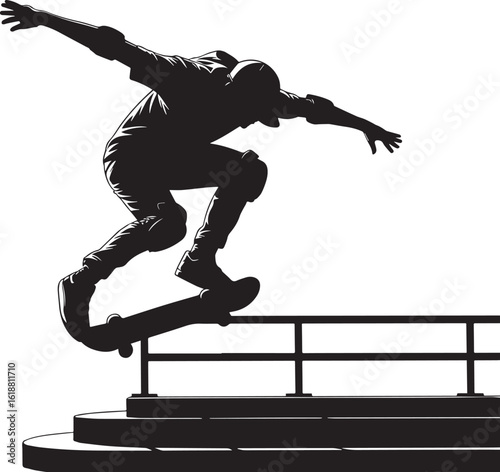 Skateboarder performing trick over railing skateboarding jump