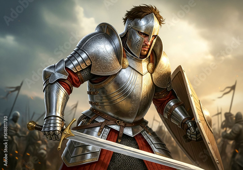 Brave Knight in Full Armor with Sword and Shield, Ready for Battle in a Historic Medieval Conflict