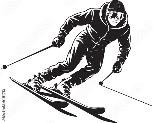 Skier wearing goggles and helmet skiing down slope snow winter