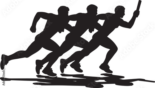 Three athletes running relay race with baton vector
