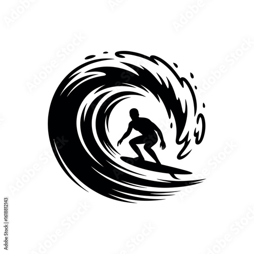 Black silhouette of a surfer riding a wave in a circular design surfing ocean