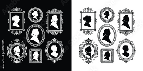 A collection of vintage silhouette portraits in ornate frames
