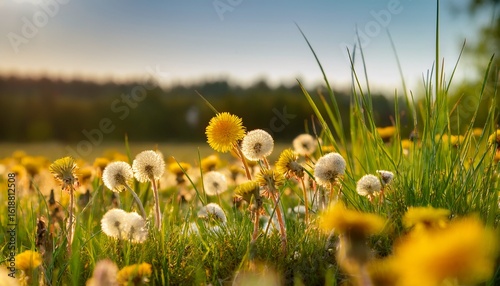 tussilago farfara seeds in a typical swedish summer field with a lot of flowers and green grass