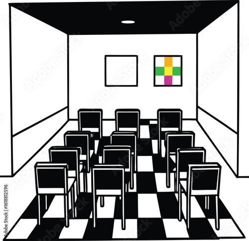 classroom with colorful floor tiles chairs and desks 2