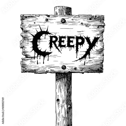 Creepy wooden sign illustrated in black and white vintage style  