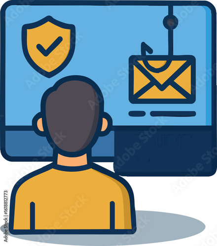 A user confronts the challenge of online security, with visual representations of data protection and malicious phishing attempts on a screen.