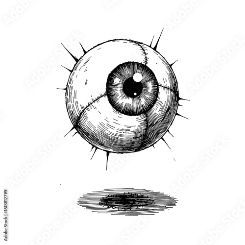 Floating eyeball in black and white sketch with capillary pen on white background  
