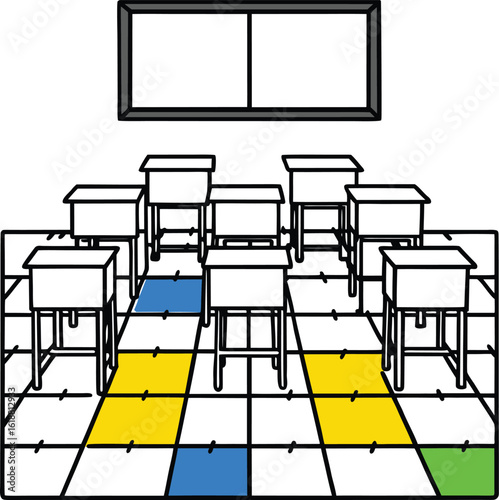 classroom with colorful floor tiles chairs and desks