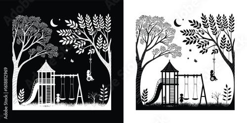 A whimsical illustration of a playground scene with children playing on swings and a slide under trees at night