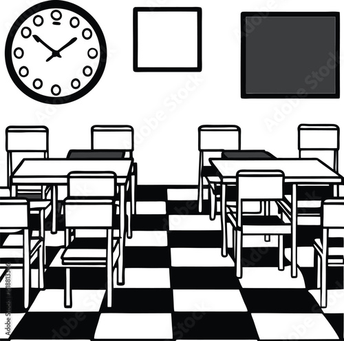 classroom with colorful floor tiles chairs and desks
