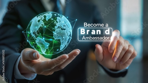 Businessman holds a digital globe, words 'Become a Brand Ambassador' appear on the surface of the sphere