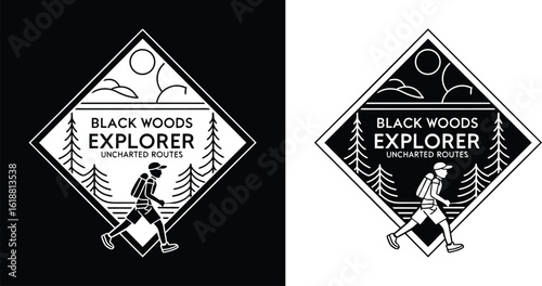 Explorer hiking badge with walking man, pine forest, sun, and clouds in diamond frame for outdoor adventure t shirt design
