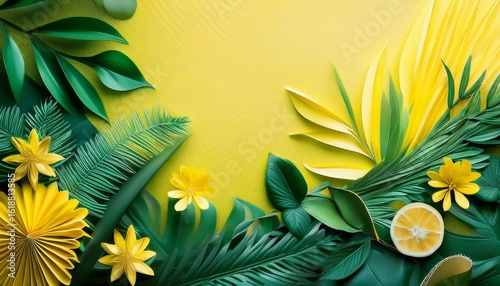 a vibrant green and yellow abstract floral background with a mix of leaves flowers and branches