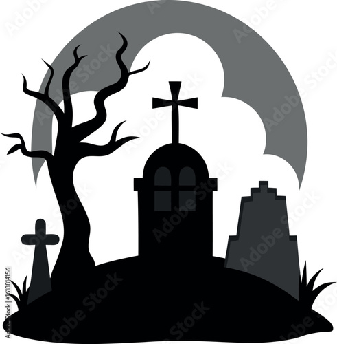 Creepy Graveyard With Crooked Tombstones And Fog