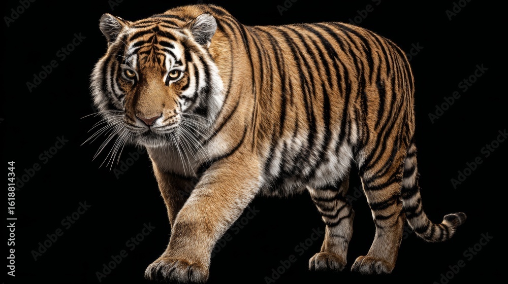 Obraz premium A stunning tiger walking towards the viewer against black background