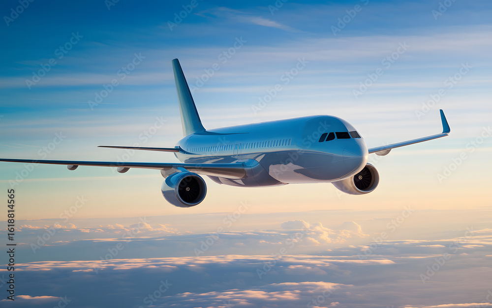 Obraz premium Modern Airplane Soaring Above Clouds at Sunset. AI Generated 