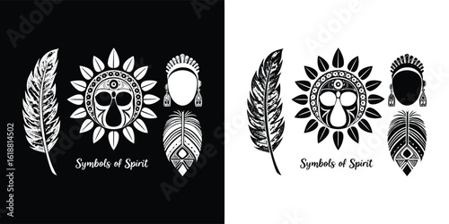 A collection of symbolic elements including a skull, feathers, and a sun design with tribal patterns