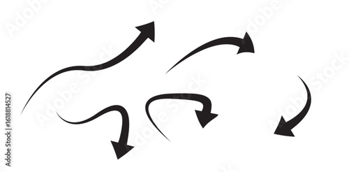 black swoosh arrow elements vector, dynamic curved direction symbols for motion graphics diagram user interface or navigation infographics

