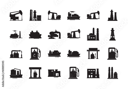 Black and white industrial icons vector illustration showcasing various energy production and distribution elements on a clean background