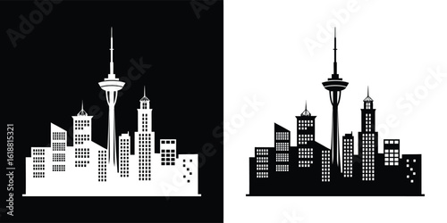 A modern cityscape skyline with a central tower and various buildings, presented in contrasting black and white