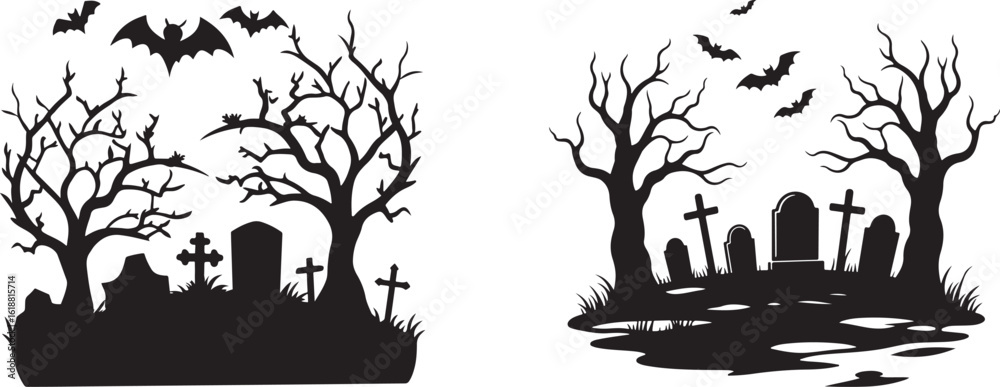Obraz premium Spooky Halloween Cemetery Silhouette Design
