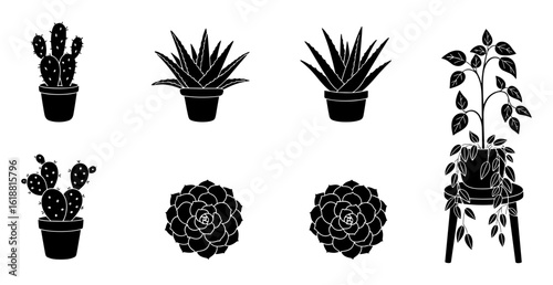 Various potted houseplants and succulents depicted in a stark black and white silhouette style on a clean white background