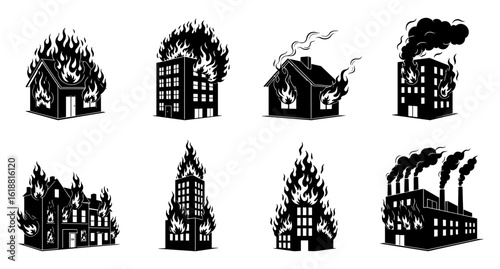 Set of distinct building silhouettes engulfed in flames and smoke representing disaster or destruction silhouette