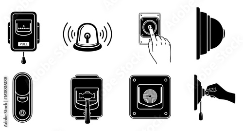 Set of black and white vector illustrations depicting various security access control devices and systems in a clean silhouette style