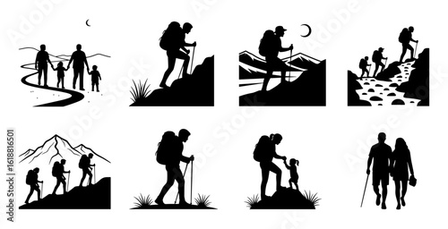 Various hiking and trekking scenes depicted in a striking black and white silhouette style illustrating outdoor adventure and exploration silhouette