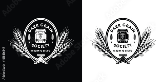 Classic vintage brewery logo Dark Grain Society Handmade Brews with oak barrel, grain stalks and retro alcohol badge design