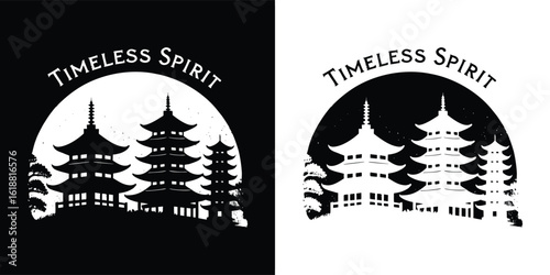 Timeless spirit represented by traditional asian pagodas or temples, depicted in a silhouette against a curved background