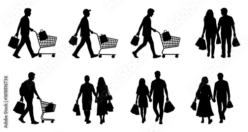 Various people walking with shopping bags and carts in a distinct black silhouette style on a white background