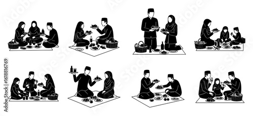Silhouette illustrations depicting traditional tea ceremony scenes with people in kimonos silhouette