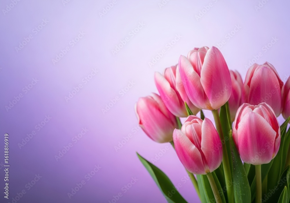 Naklejka premium Delicate Pink Tulips on Purple Gradient Background